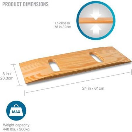 HEALTHSMART DMI Wooden Slide Transfer Board, 440 lb Capacity, 24" x 8" x 1" , 2 Cut Out Handles 518-1765-0400